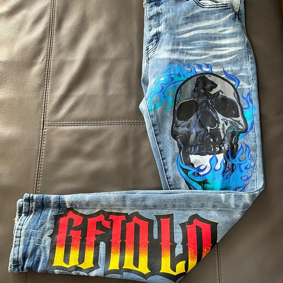 GFTD LA LONZO Men 40x32 Grunge Streetwear Skull Cross Alt Distressed Jeans Blue - Picture 8 of 12